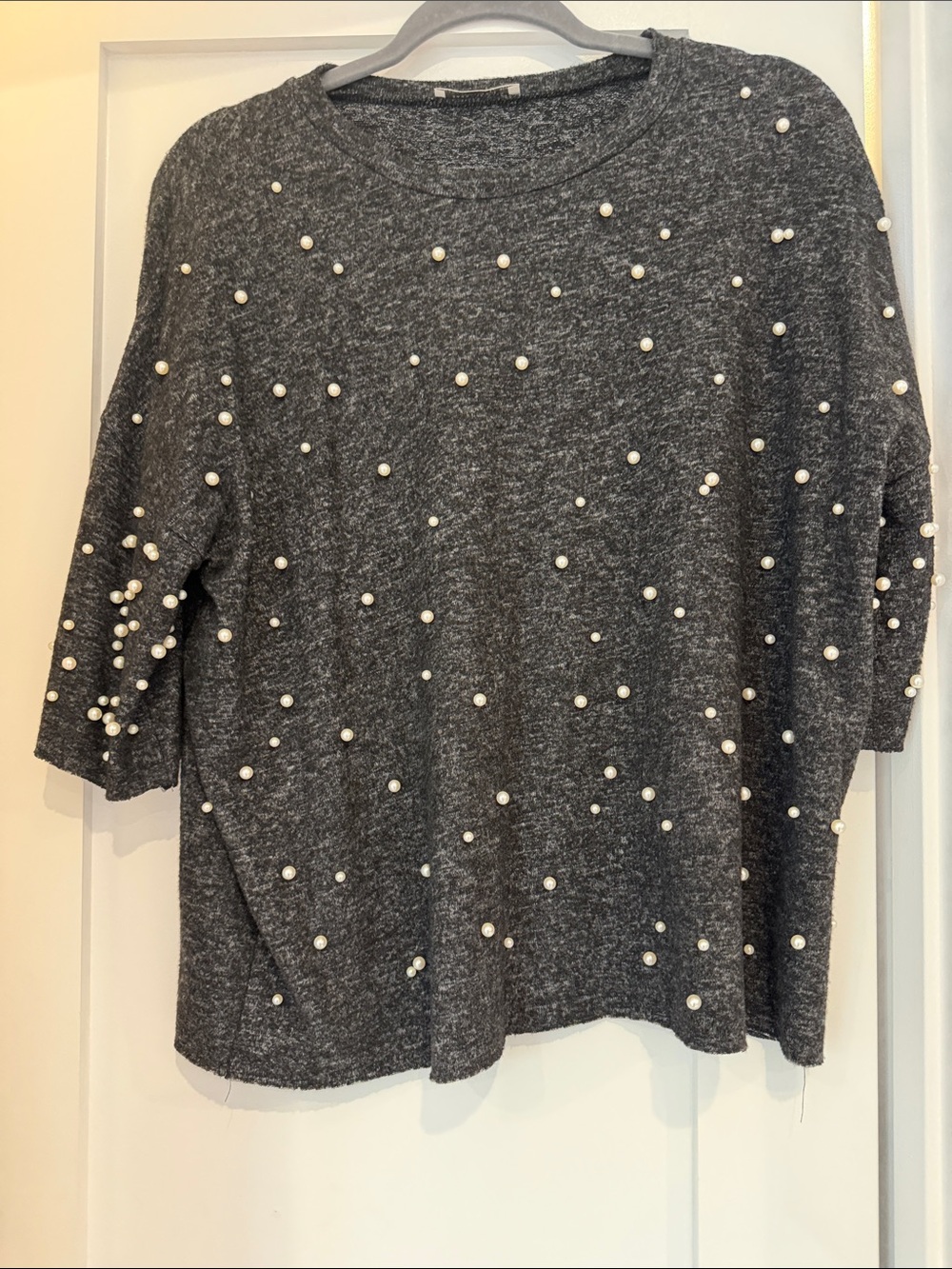Zara Charcoal Knit Sweater Top with Pearl Accent